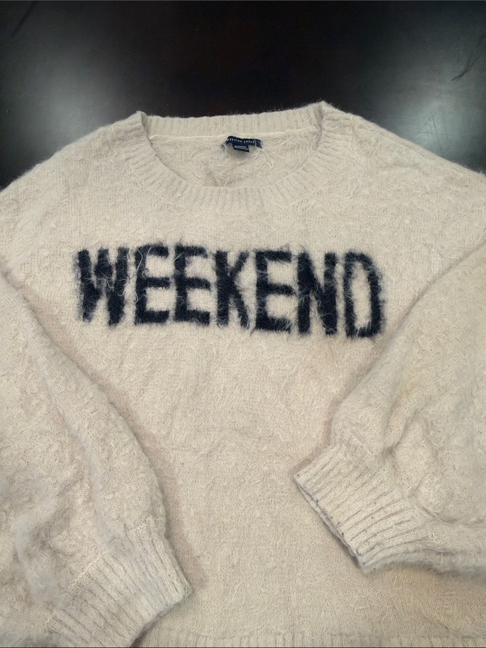 American Eagle Outfitters Cream Crewneck Sweater with Black 'WEEKEND' Graphic